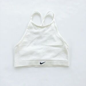 Nike Indy Ribbed Off White Cropped Sports Tank with Black Swoosh